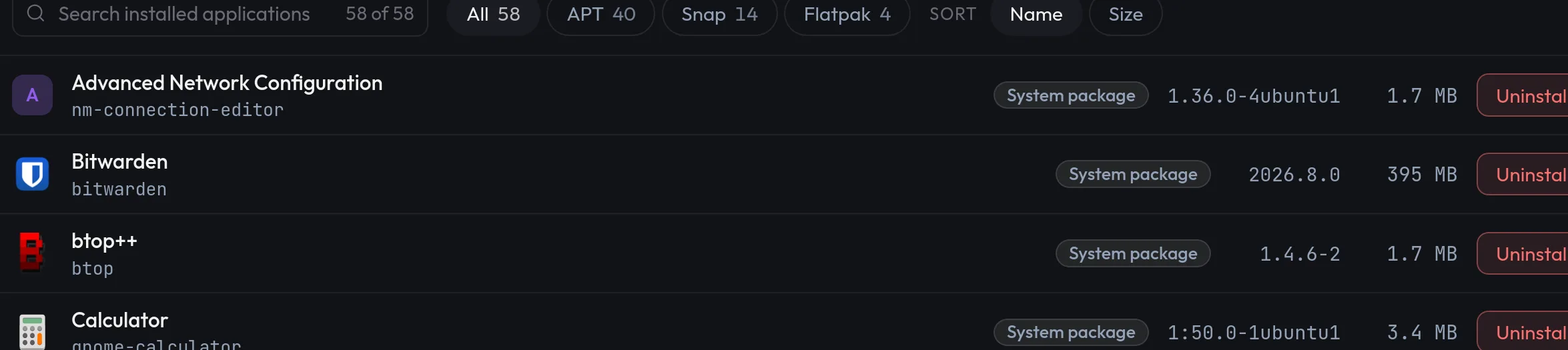 CLeanux's real uninstaller list — APT, Snap, and Flatpak apps in one view