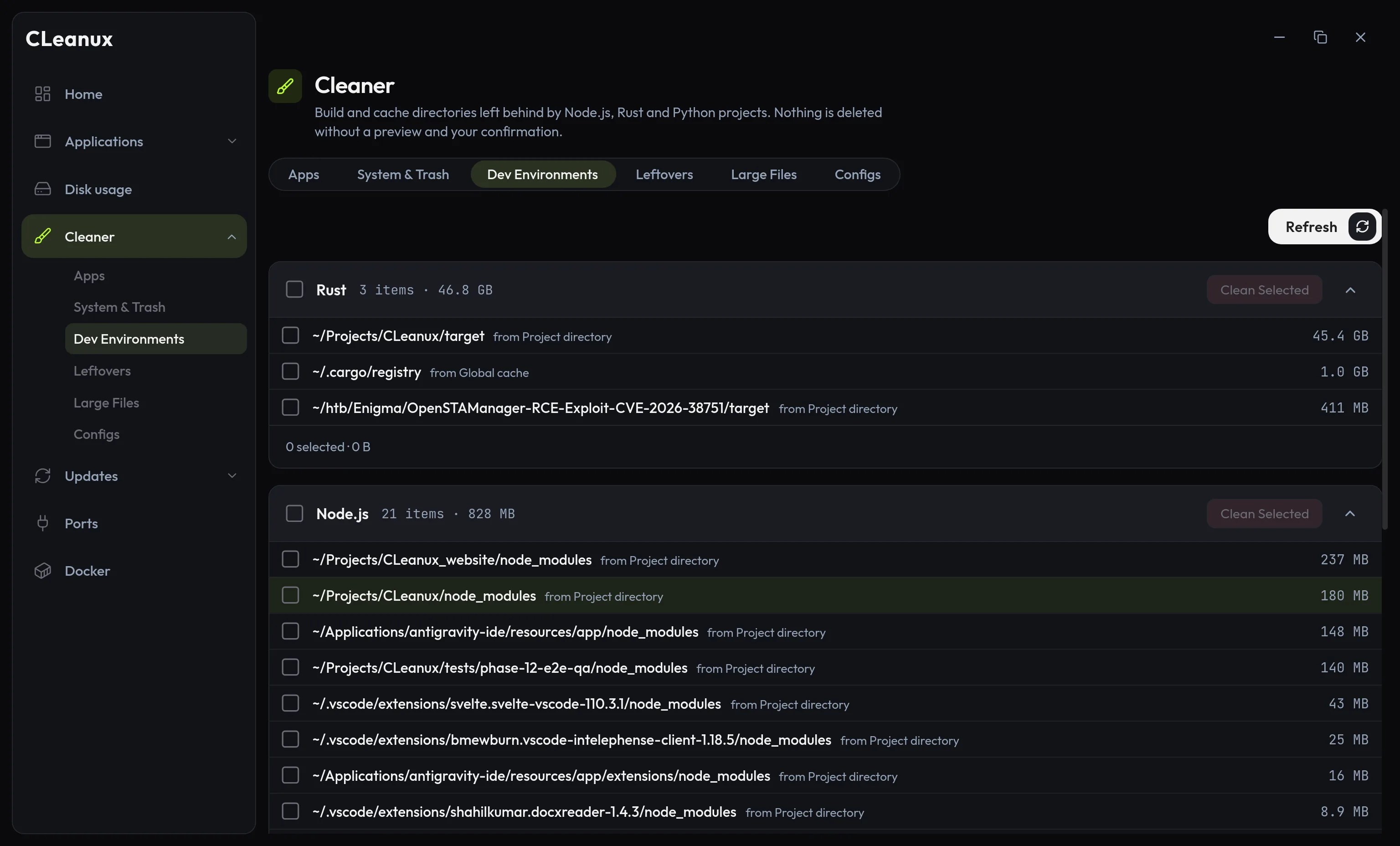 CLeanux's Dev Environments cleaner, finding 46.8 GB reclaimable in a single Rust target/ directory